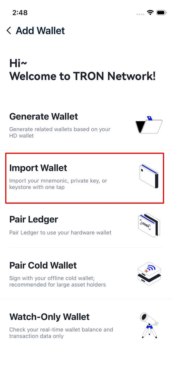Import Wallet 선택 화면